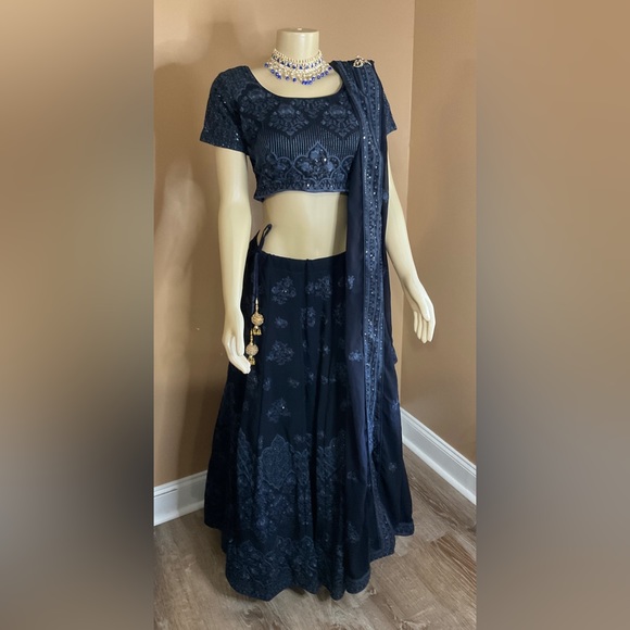 🐘 Embroidered Georgette Lehenga in Navy Blue - Picture 10 of 16